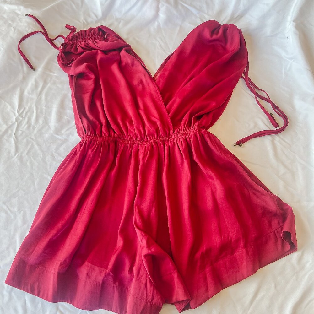 VICI | Lyndsey Satin Pocketed Romper Pink Women's Size Medium Ruched